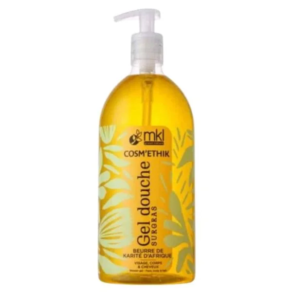 Flacon pompe d'un litre gel douche surgras Cosm'ethik beurre de karité, gel doré