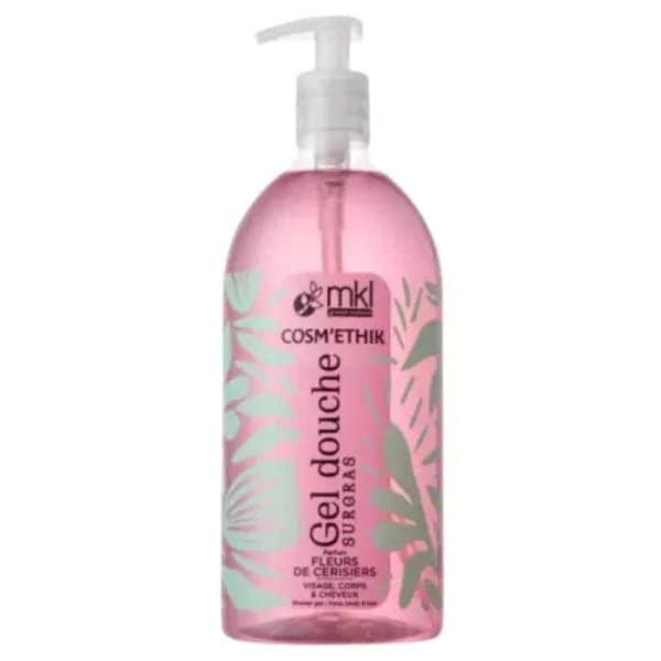 Flacon pompe rose d'un litre gel douche surgras Cosm'ethik fleurs de cerisiers