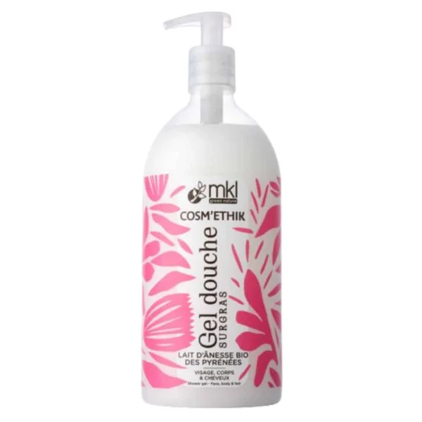 Flacon pompe blanc d'un litre gel douche surgras Cosm'ethik lait d'ânesse bio