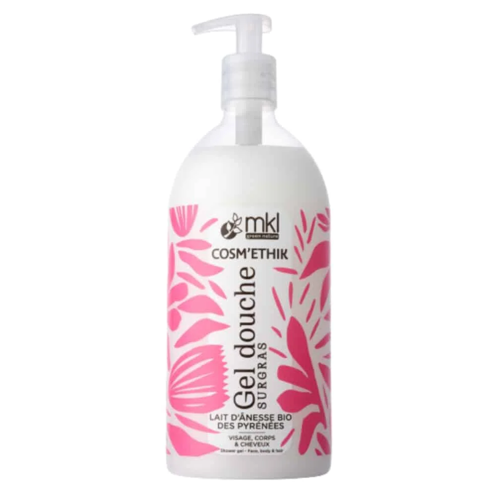 mkl-cosmethik-gel-douche-lait-danesse-bio-1l.jpg Flacon pompe blanc d'un litre gel douche surgras Cosm'ethik lait d'ânesse bio