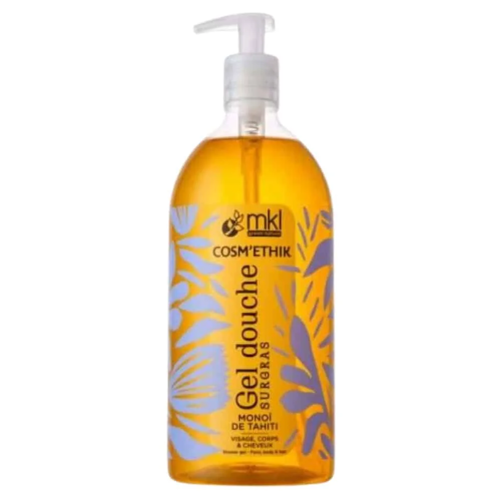 mkl-cosmethik-gel-douche-monoi-des-iles-bio-1l.jpg Flacon pompe d'un litre gel douche surgras Cosm'ethik monoï de Tahiti, gel ambré