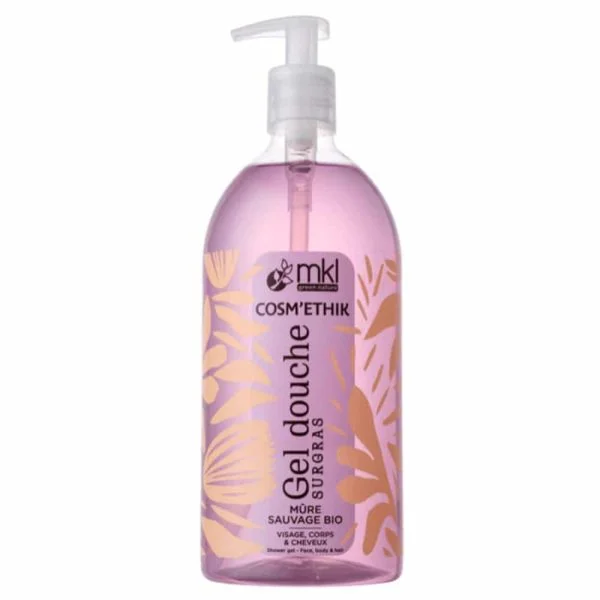 Flacon pompe d'un litre gel douche surgras Cosm'ethik mûre sauvage bio, gel rose