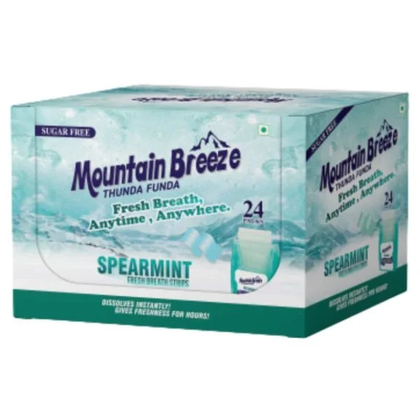 Présentoir carton Mountain Breeze Spearmint contenant 24 sachets de bandelettes