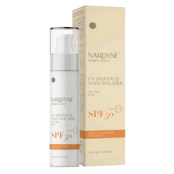 Flacon pompe 50 ml et étui du soin solaire UV Defence Nardyne