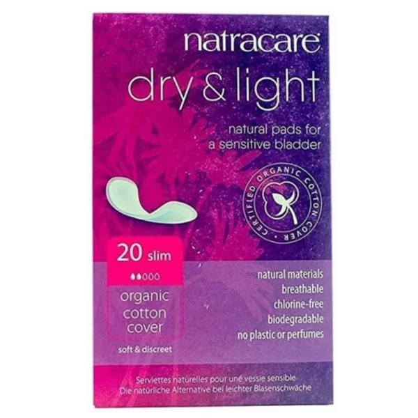 Boîte violette Natracare Dry & Light slim, 20 serviettes, voile coton biologique