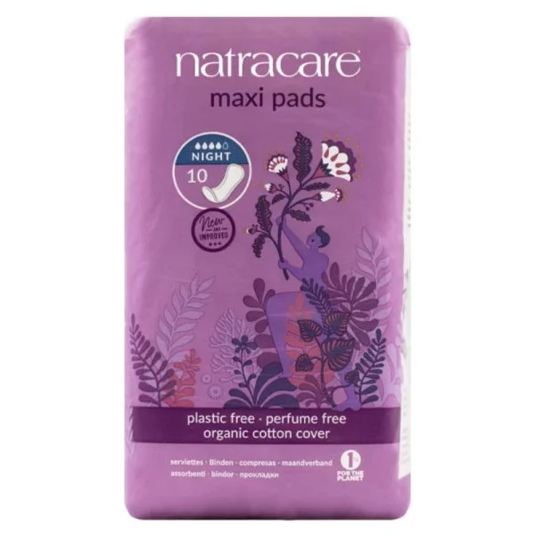Paquet violet Natracare Maxi Pads Night, 10 serviettes, voile coton biologique