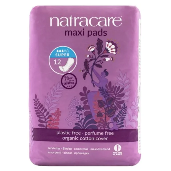 Paquet violet Natracare Maxi Pads Super, 12 serviettes, voile coton biologique