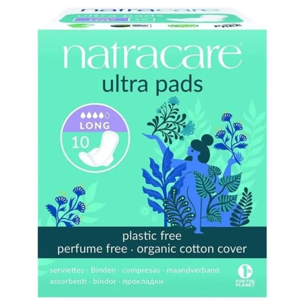 Boîte verte Natracare Ultra Pads Long, 10 serviettes avec ailettes, coton bio