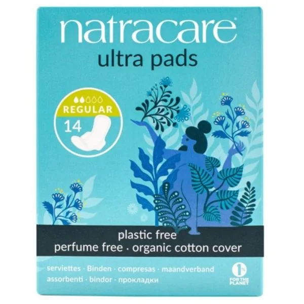 Boîte turquoise Natracare Ultra Pads Regular, 14 serviettes avec ailettes, coton bio