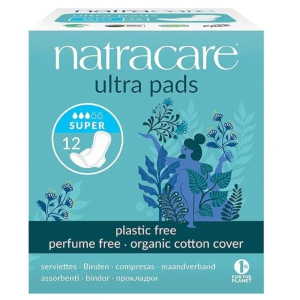 Boîte turquoise Natracare Ultra Pads Super, 12 serviettes avec ailettes, coton bio
