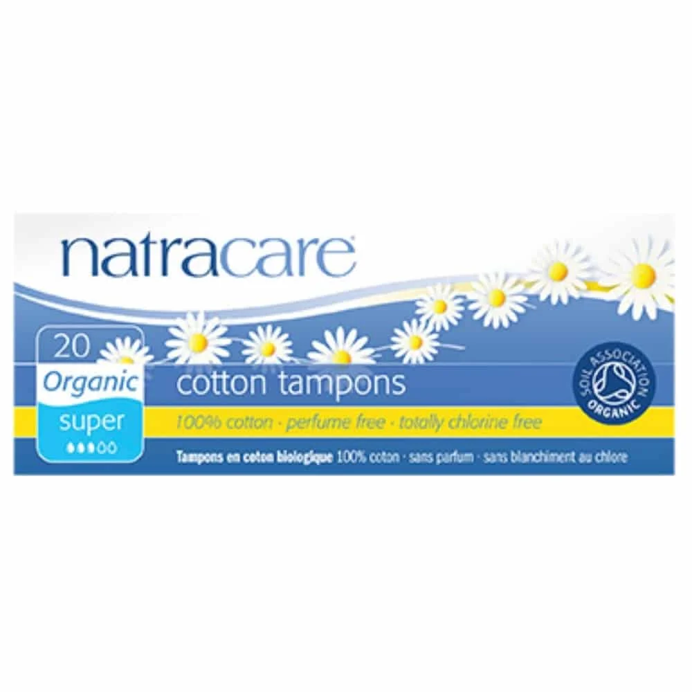 natracare-tampons-super-bio-20u.jpg Boîte bleue et jaune Natracare tampons coton bio super, 20 unités, camomilles