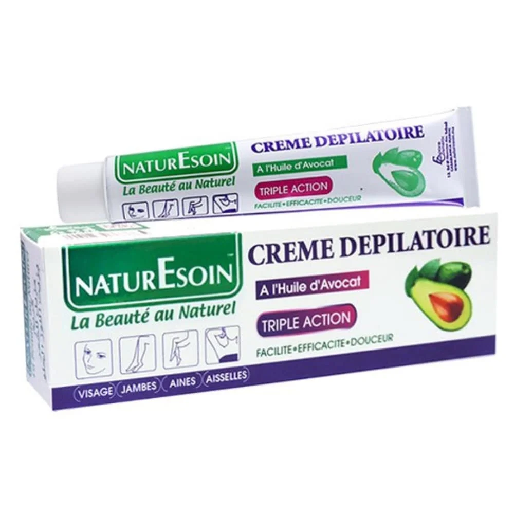 naturesoin-creme-depilatoire-a-l-huile-d-avocat-triple-action-50ml.jpg Tube et boîte violette de crème dépilatoire Naturesoin à l'huile d'avocat