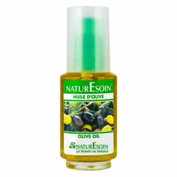 Flacon Naturesoin huile d'olive étiquette verte avec olives noires et vertes