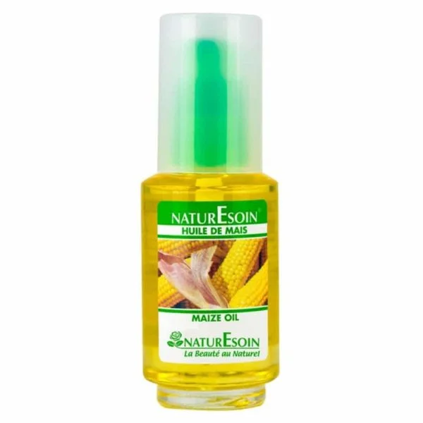 Flacon transparent Naturesoin huile de maïs 50 ml, étiquette épis dorés