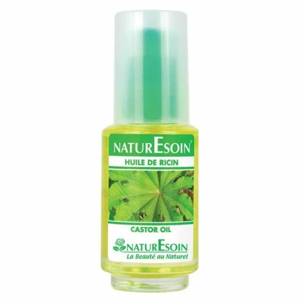 Flacon Naturesoin huile de ricin 50 ml, étiquette feuille de ricin verte