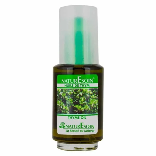 Flacon en verre foncé Naturesoin huile de thym avec spray vert