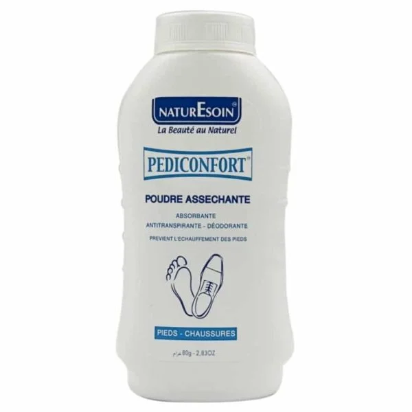 Flacon blanc Naturesoin Pediconfort poudre asséchante pieds 80 g bouchon vissé