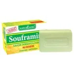 Étui jaune Souframine et pain de savon dermatologique vert clair
