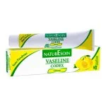 Tube et étui jaunes Naturesoin vaseline Codex citron avec citrons illustrés