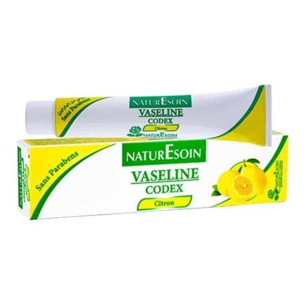 Tube et étui jaunes Naturesoin vaseline Codex citron avec citrons illustrés