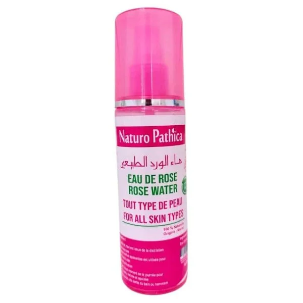 Flacon vaporisateur rose Naturo Pathica eau de rose, étiquette blanche et rose