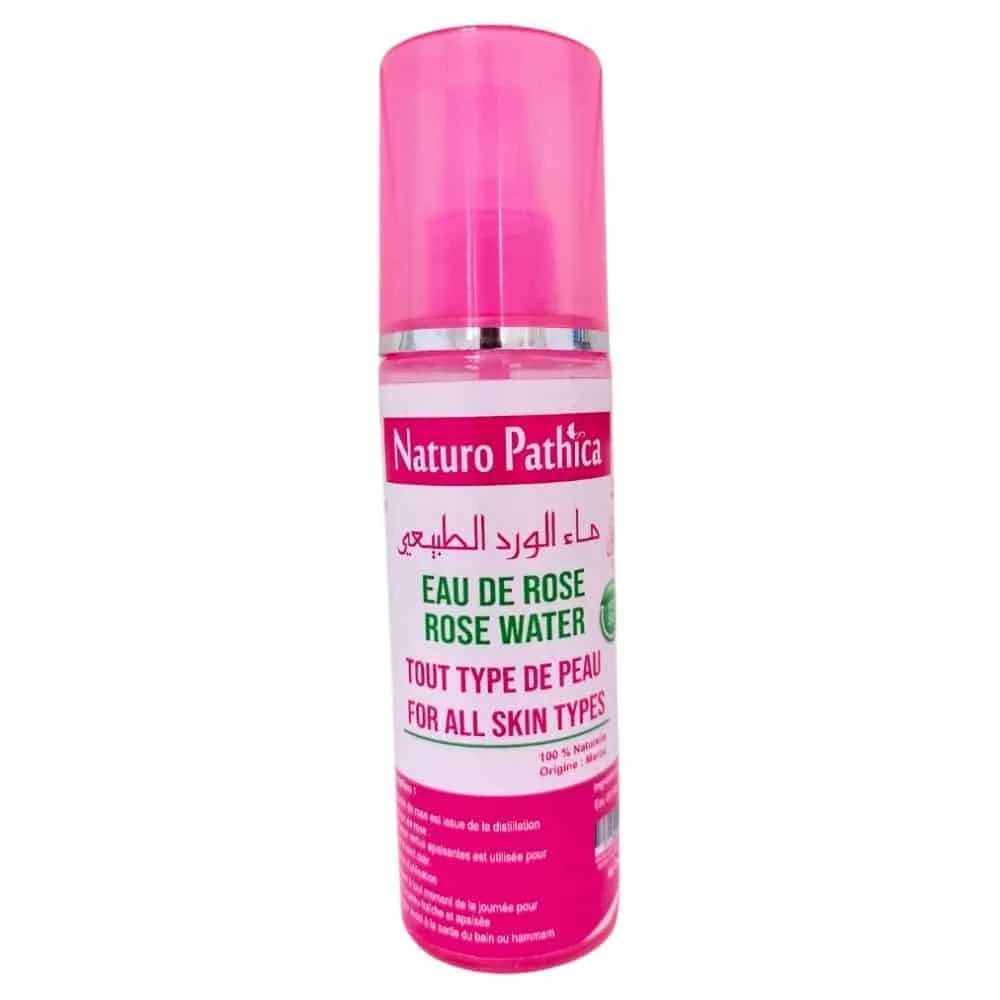 naturo-pathica-eau-de-rose-bio-125ml.jpg Flacon vaporisateur rose Naturo Pathica eau de rose, étiquette blanche et rose
