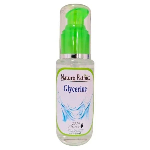 Flacon verre Naturo Pathica glycérine 50 ml, pompe verte, étiquette bleue éclaboussures