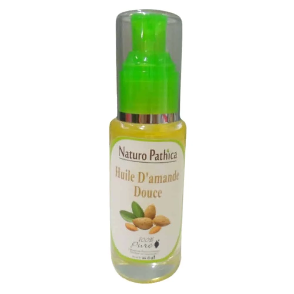 naturo-pathica-huile-d-amande-douce-50ml.jpg Flacon pompe en verre Naturo Pathica huile d'amande douce, amandes sur étiquette blanche