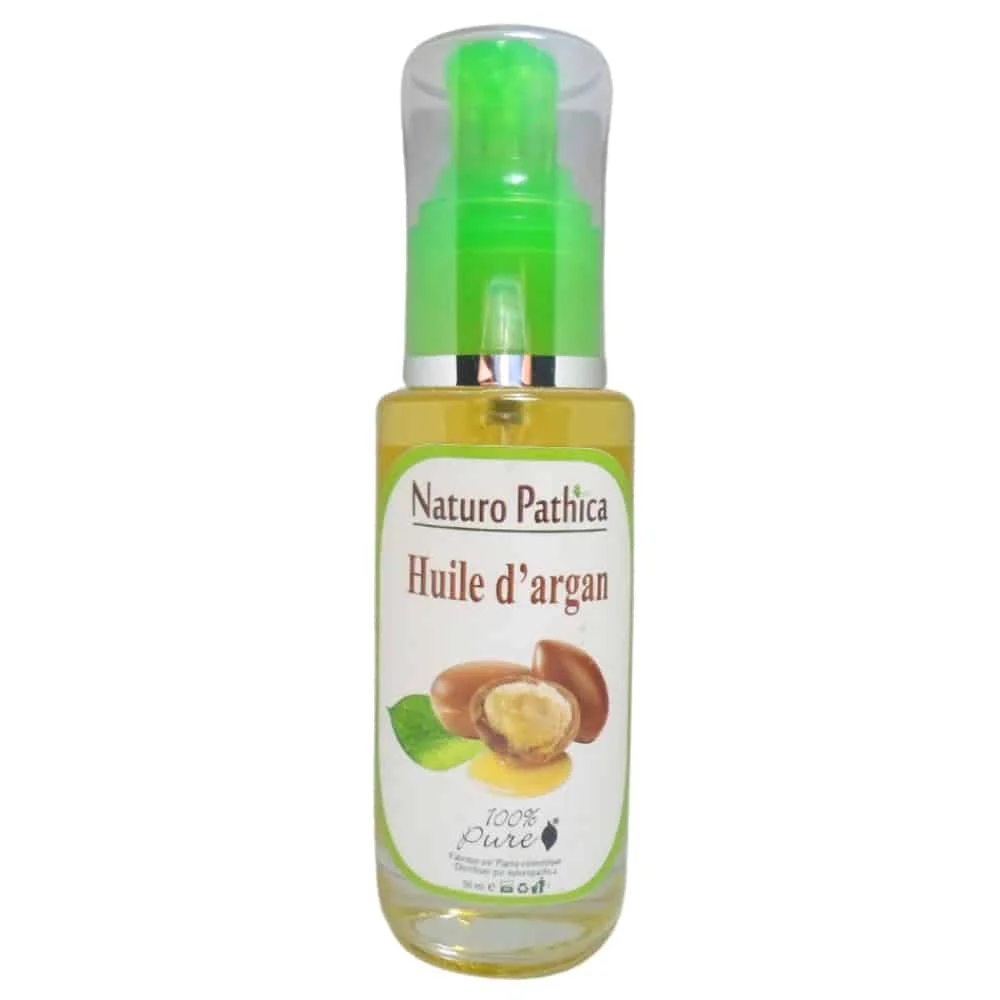 naturo-pathica-huile-d-argan-50ml.jpg Flacon pompe en verre Naturo Pathica huile d'argan dorée, noix d'argan
