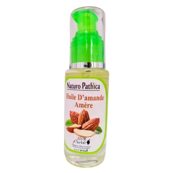 Flacon pompe en verre Naturo Pathica huile d'amande amère, amandes sur étiquette