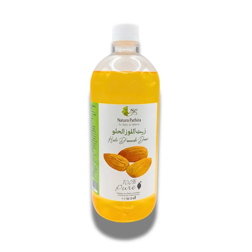 naturo-pathica-huile-damande-douce-1l.jpg Grande bouteille transparente Naturo Pathica huile d'amande douce, amandes dorées, étiquette bilingue