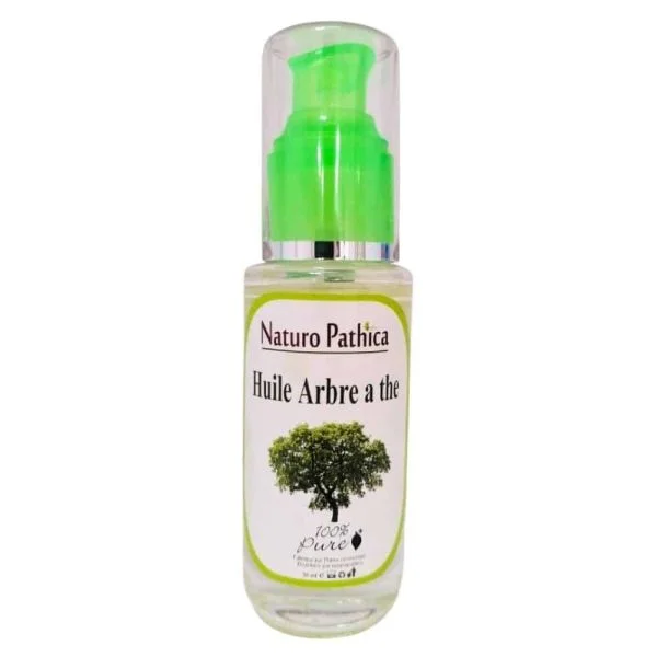 Flacon pompe en verre Naturo Pathica huile arbre à thé, arbre vert dessiné