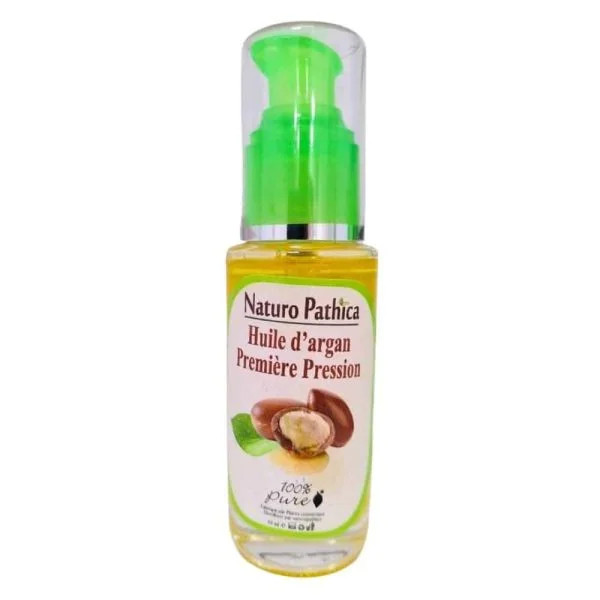 Flacon pompe en verre Naturo Pathica huile d'argan première pression, noix dorées