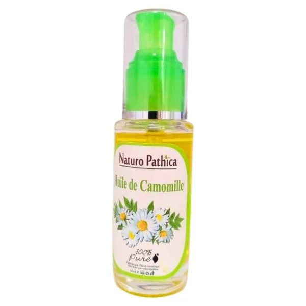 Flacon verre Naturo Pathica huile de Camomille 50 ml, pompe verte, fleurs blanches