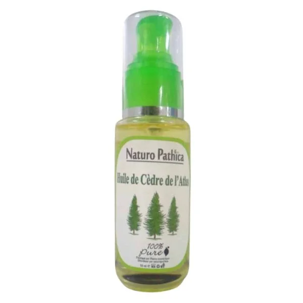 Flacon verre Naturo Pathica huile de Cèdre de l'Atlas, pompe verte, trois cèdres