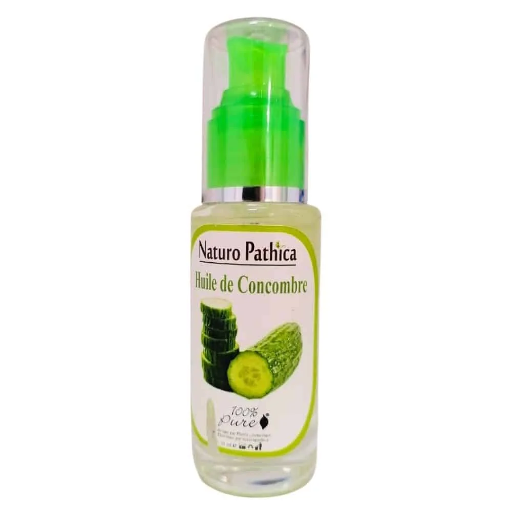 naturo-pathica-huile-de-concombre-50ml.jpg Flacon verre Naturo Pathica huile de Concombre 50 ml, pompe verte, concombres tranchés