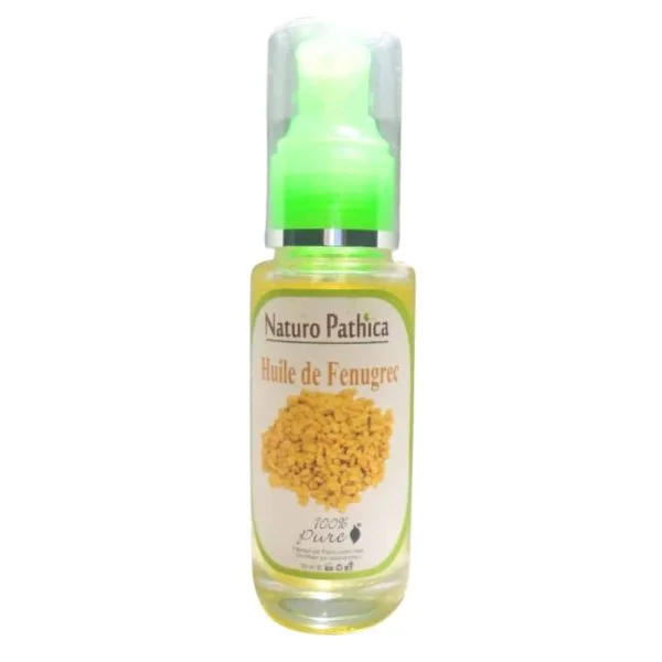 Flacon verre Naturo Pathica huile de Fenugrec 50 ml, pompe verte, graines jaunes