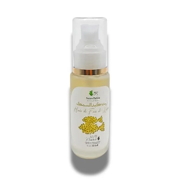 Flacon Naturo Pathica huile de foie de morue 50 ml, pompe blanche, étiquette bilingue