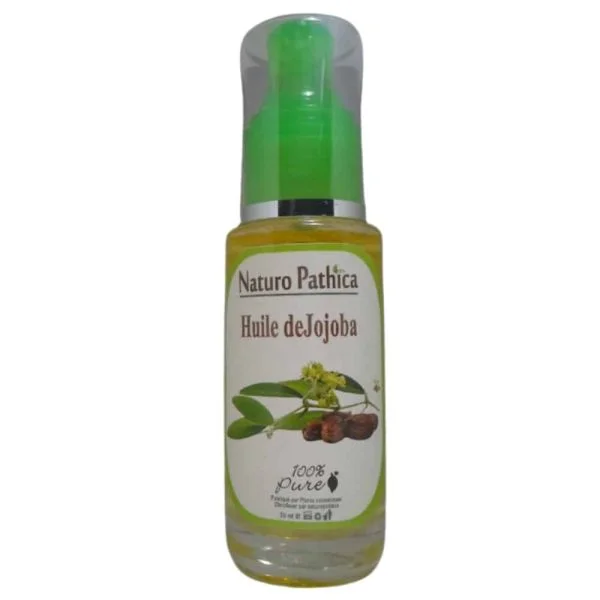 Flacon verre Naturo Pathica huile de Jojoba 50 ml, pompe verte, rameau et graines
