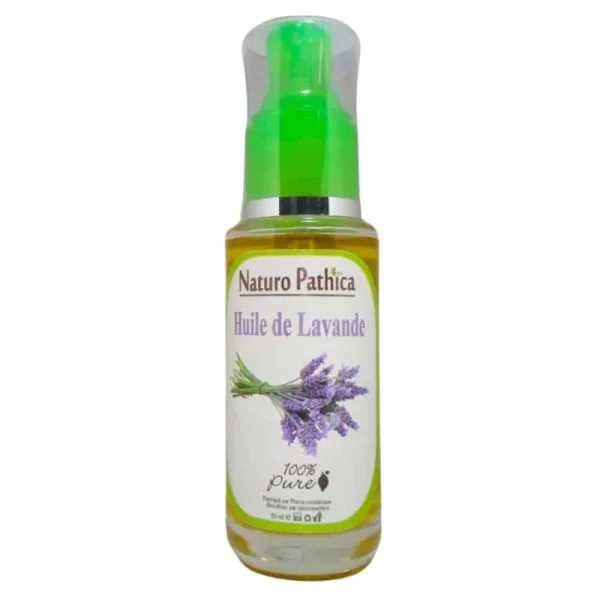 Flacon verre Naturo Pathica huile de Lavande 50 ml, pompe verte, bouquet mauve