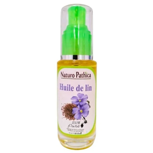 Flacon verre Naturo Pathica huile de lin 50 ml, pompe verte, graines fleurs bleues