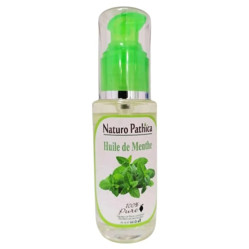 naturo-pathica-huile-de-menthe-50ml.jpg Flacon verre Naturo Pathica huile de Menthe 50 ml, pompe verte, feuilles vertes