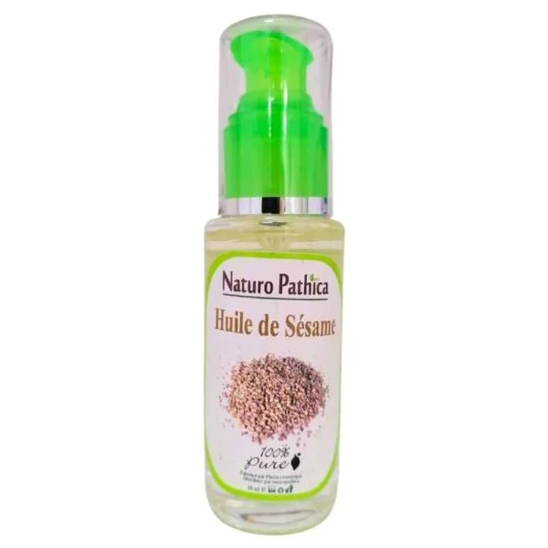 Flacon pompe verre 50 ml huile de sésame Naturo Pathica, graines illustrées