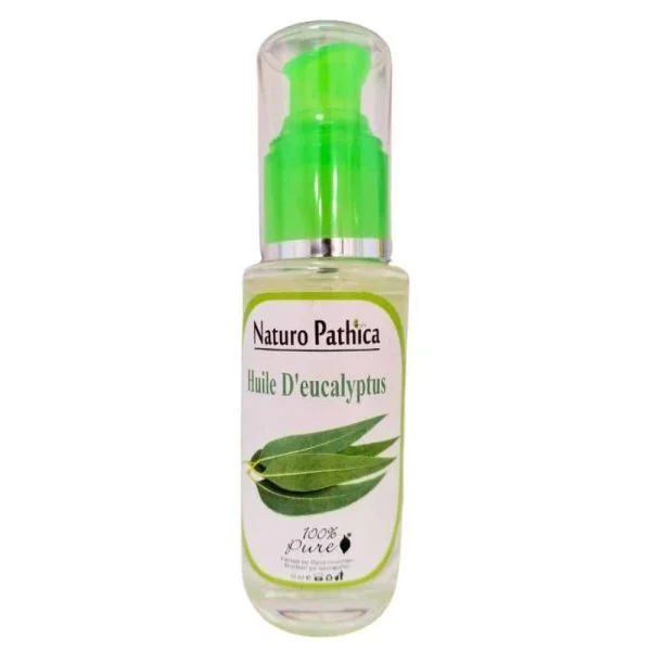 Flacon pompe verre 50 ml huile d'eucalyptus Naturo Pathica, feuilles vertes illustrées