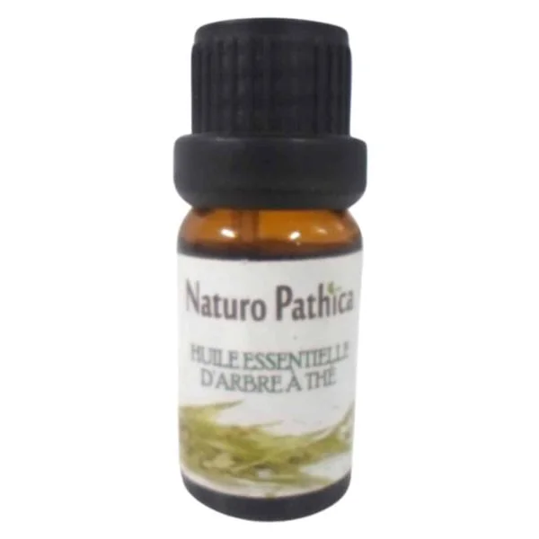 Petit flacon verre ambré 10 ml huile essentielle arbre à thé, bouchon noir
