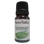 Flacon verre ambré 10 ml huile essentielle d'eucalyptus, feuilles vertes illustrées