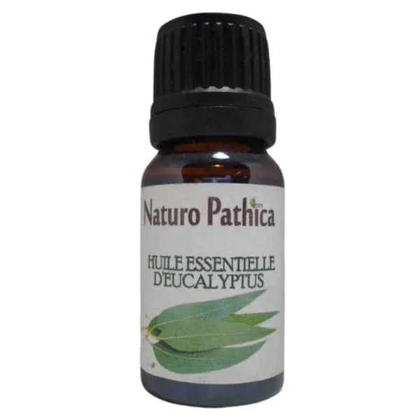 Flacon verre ambré 10 ml huile essentielle d'eucalyptus, feuilles vertes illustrées