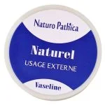 Couvercle rond blanc et bleu Naturo Pathica vaseline naturelle, mention usage externe