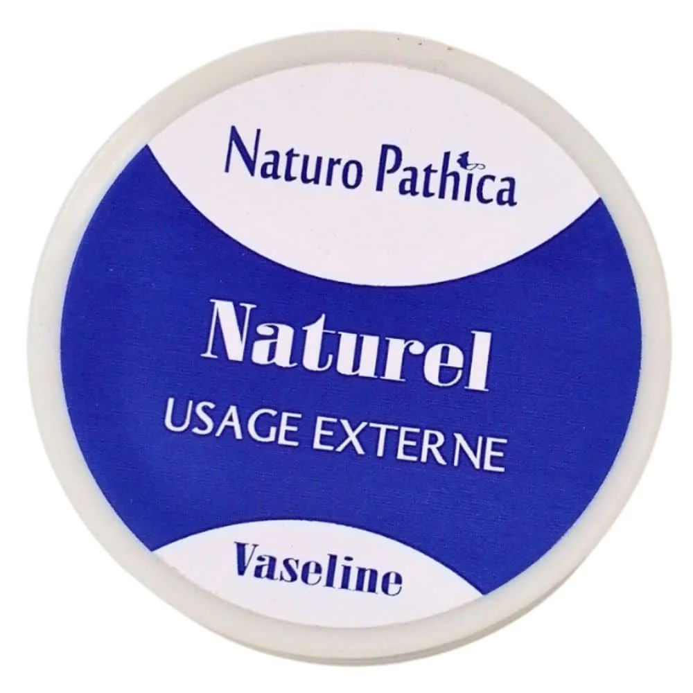 naturo-pathica-vaseline-naturelle-120g.jpg Couvercle rond blanc et bleu Naturo Pathica vaseline naturelle, mention usage externe