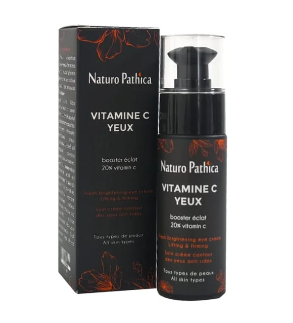 naturo-pathica-vitamine-c-20-contour-des-yeux-booster-eclat-40ml.jpg Flacon-pompe noir et étui Naturo Pathica vitamine C yeux, motifs floraux orange